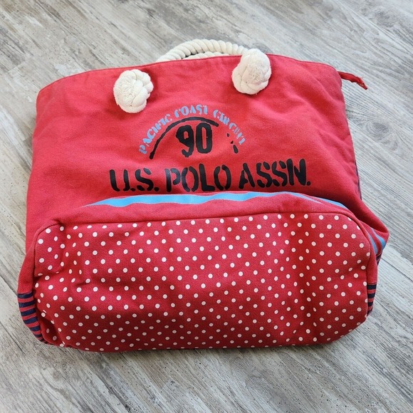 U.S. Polo Assn Cotton Red Logo Rope Handle Beach Shopper Weekend Travel Tote Bag - Picture 12 of 15